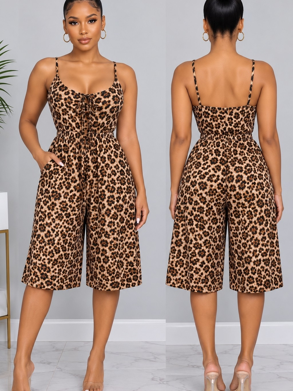 Aqua Leopard Print Wide-Leg Jumpsuit in Brown